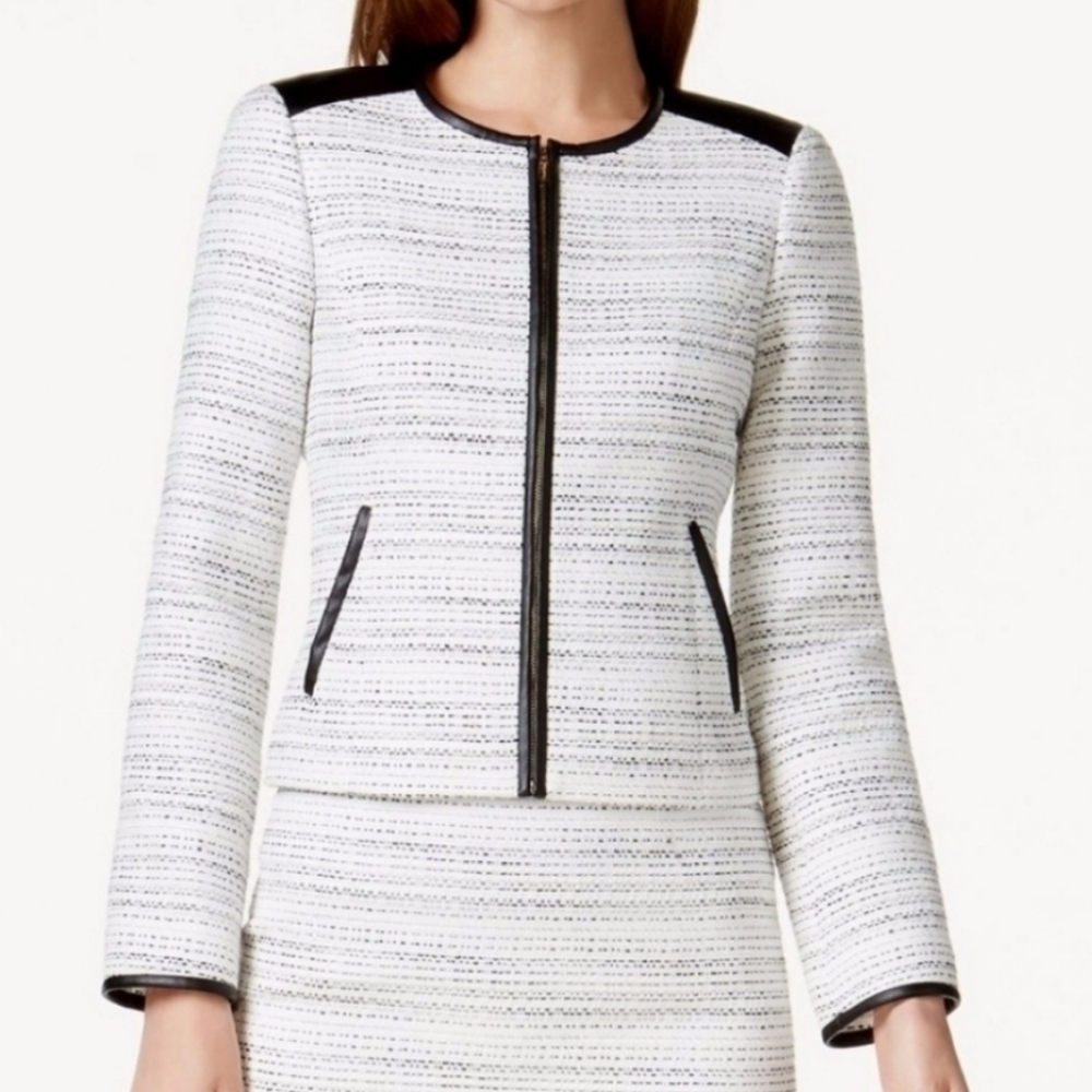 Calvin Klein Faux Leather Trim Tweed Zip Blazer